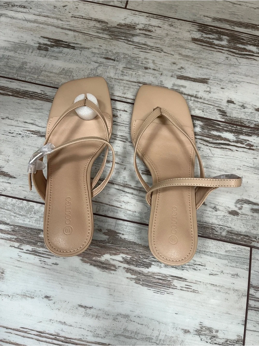 Coutgo  Beige Square Toe Kitten Heel Thong Sandals Strappy 10